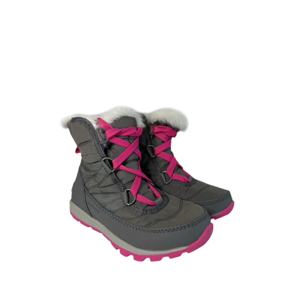 Sorel Youth Girls Pink Grey Whitney Nylon Snow Boots Faux Fur Lined Sz 1Y No Box